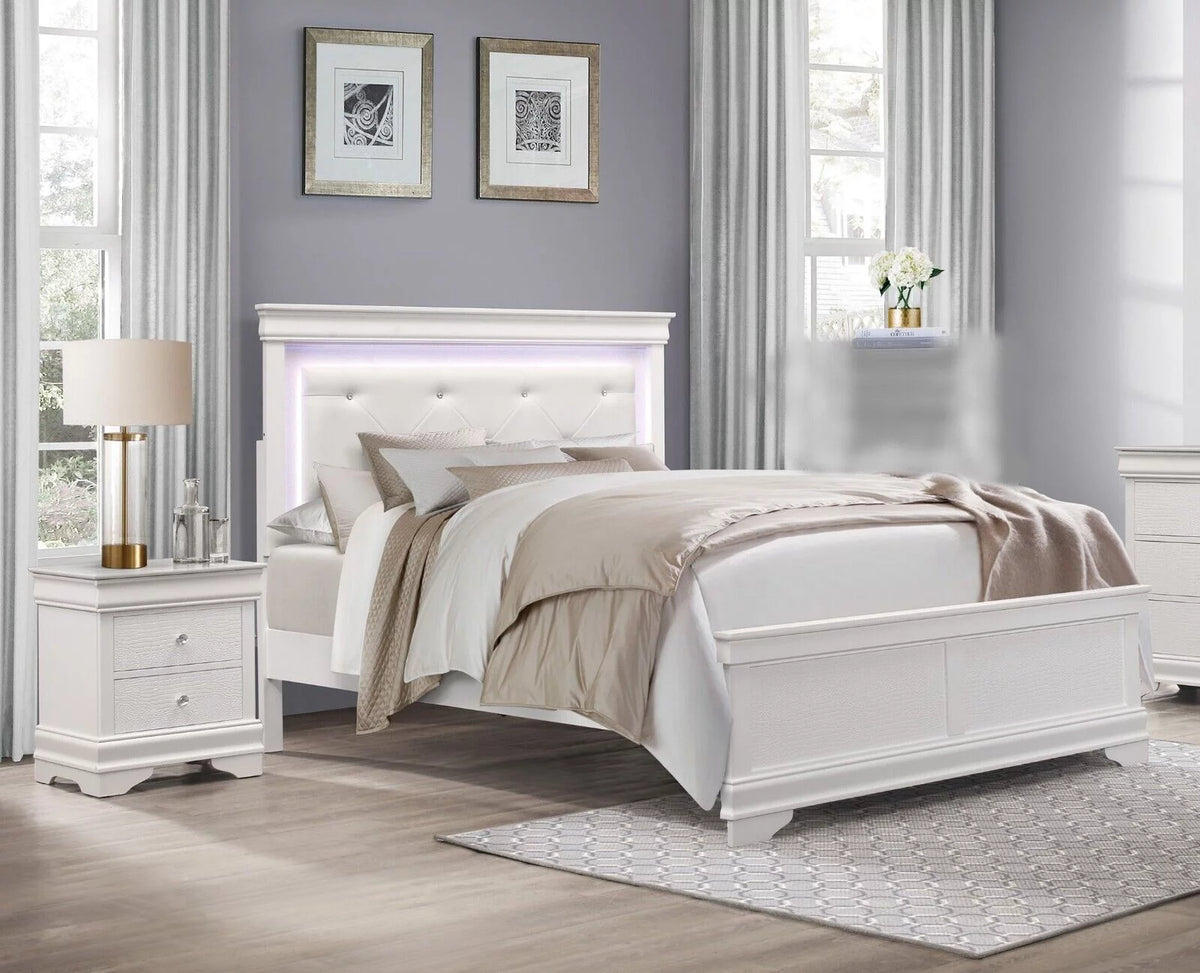 White Full Size Bed with LED Lighting Headboard and Nightstands 3pc Set B591407
