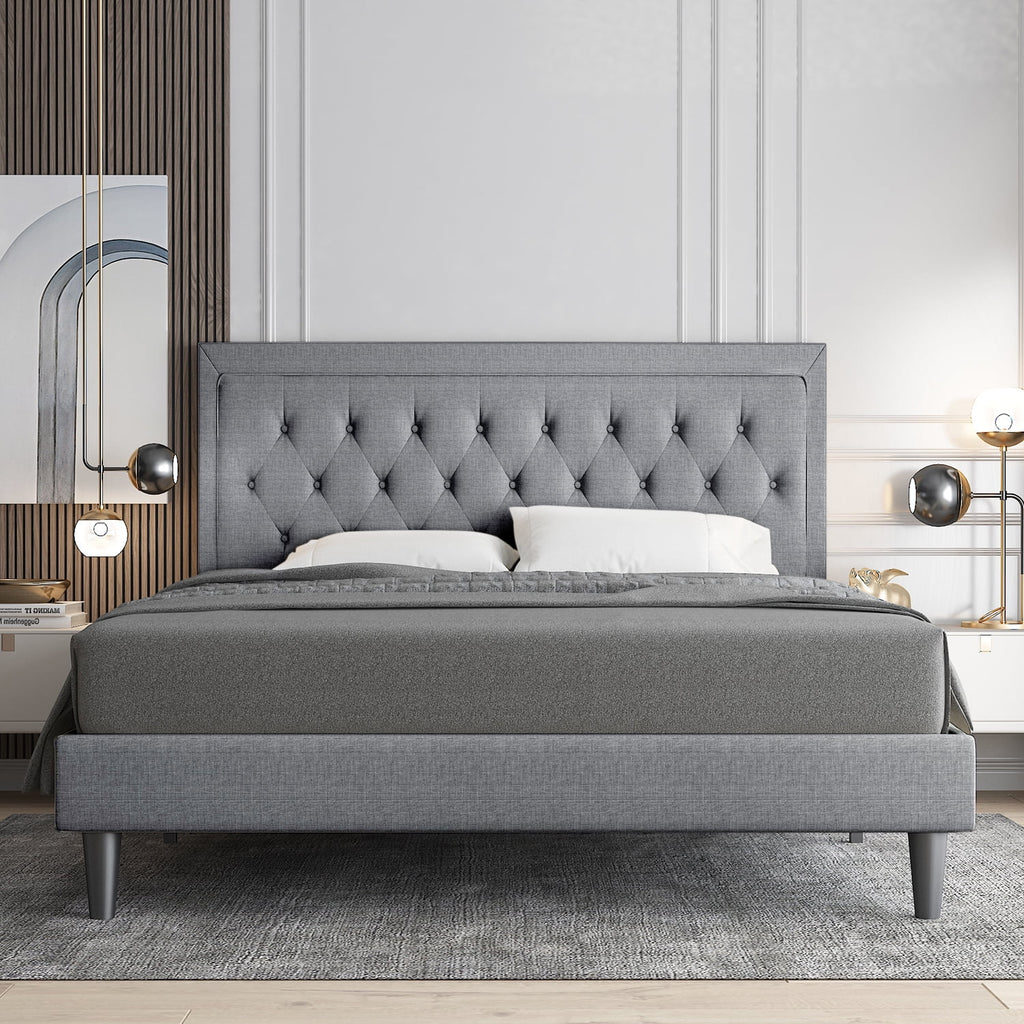 Queen Size Upholstered Platform Bed with Adjustable Headboard O693838