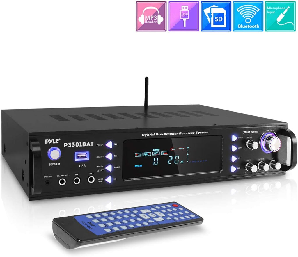 Wireless Bluetooth Stereo Amplifier with AM/FM Radio, USB, AUX, RCA, Karaoke Mic in, Remote L542