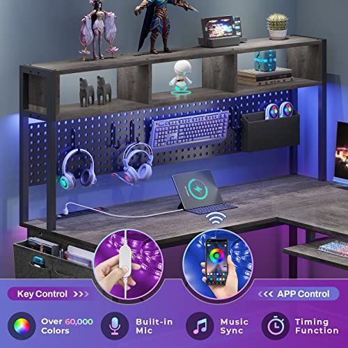 Black L Shaped Gaming Desk with Power Outlet and Pegboard Z545748