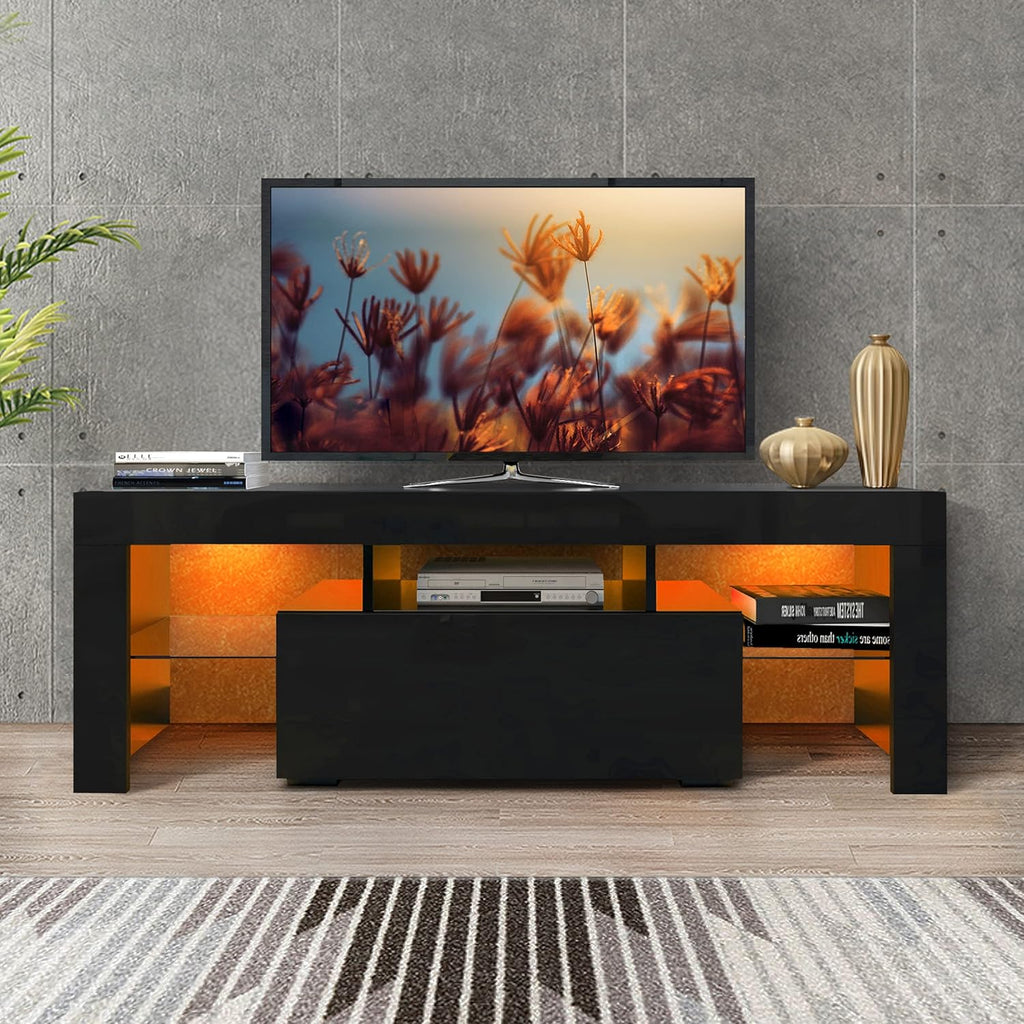 White and Black TV Stand with LED Lights and Storage Cabinet Z661477