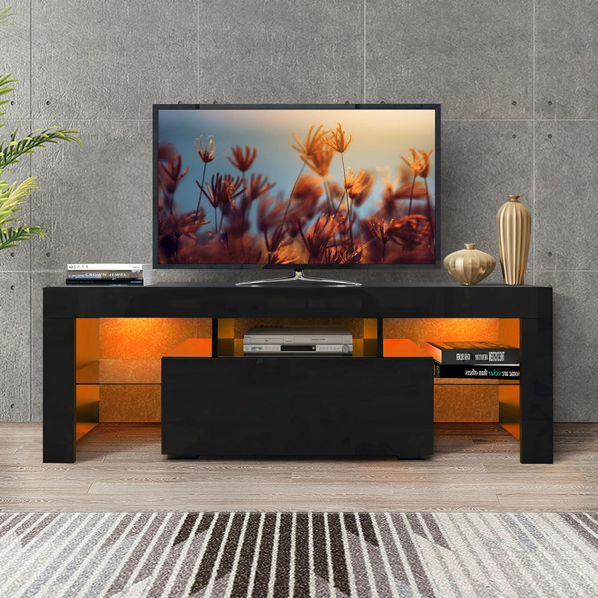 White and Black TV Stand with LED Lights and Storage Cabinet Z661477
