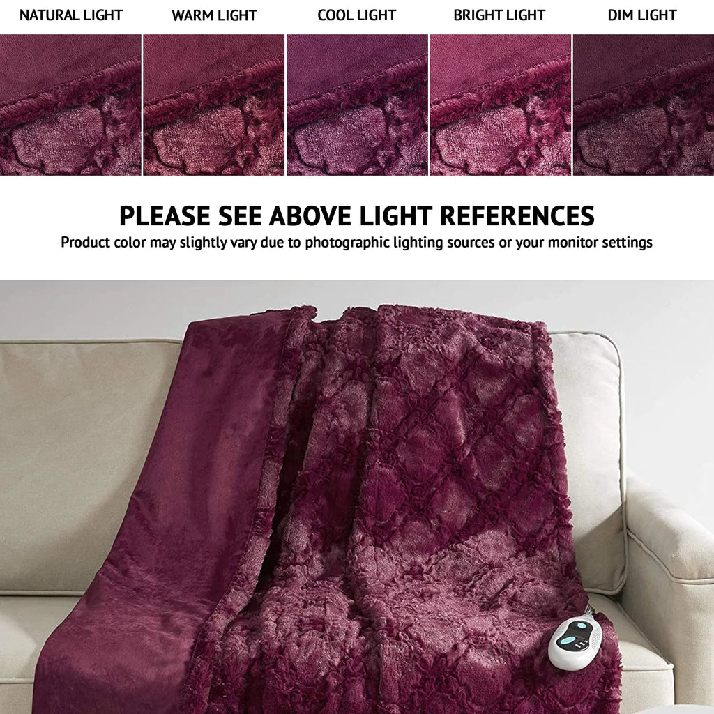 Burgundy Oversized Faux Fur Heated Blanket W80350