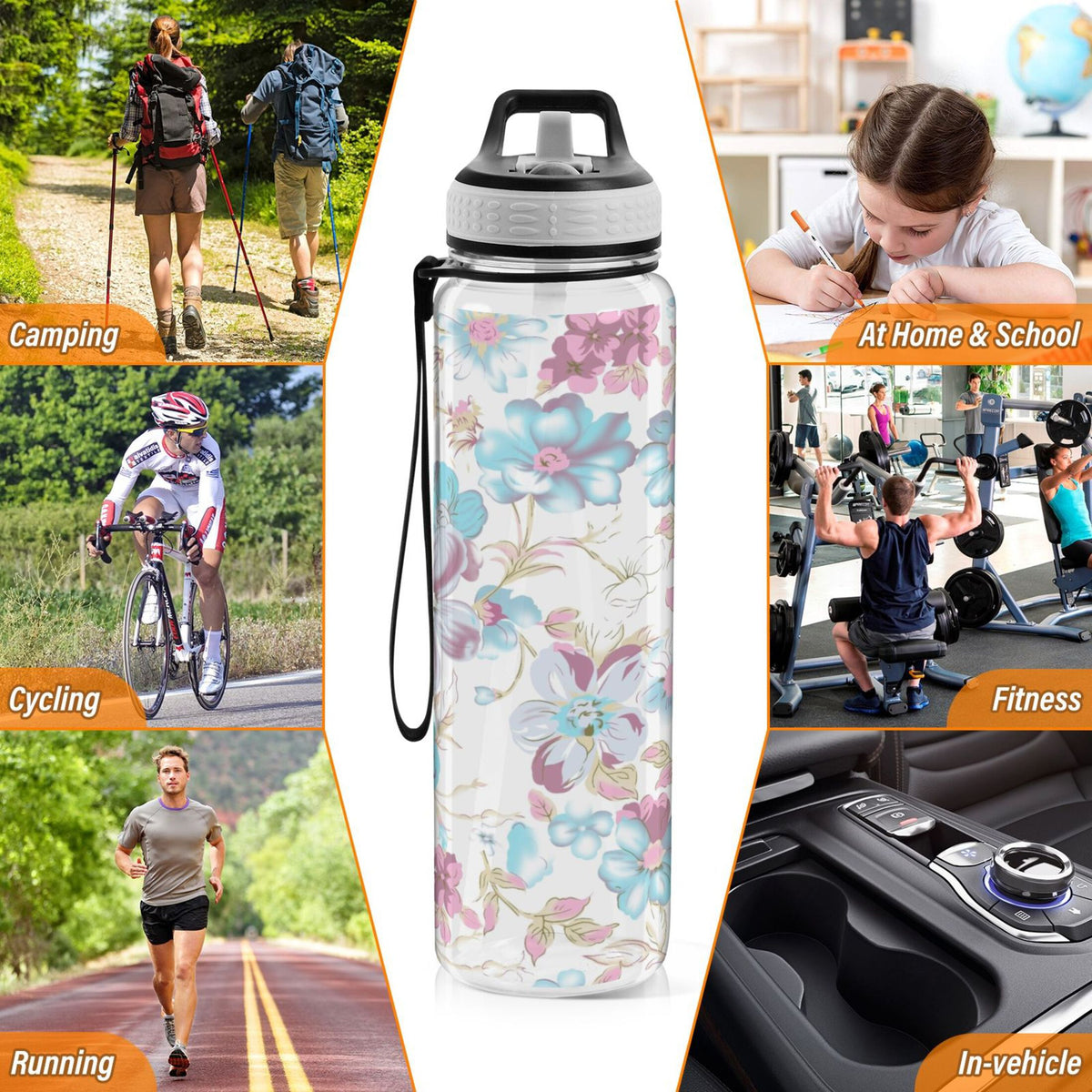Blue Colorful Flowers 32oz Tritan Leakproof Sports Bottle I102618