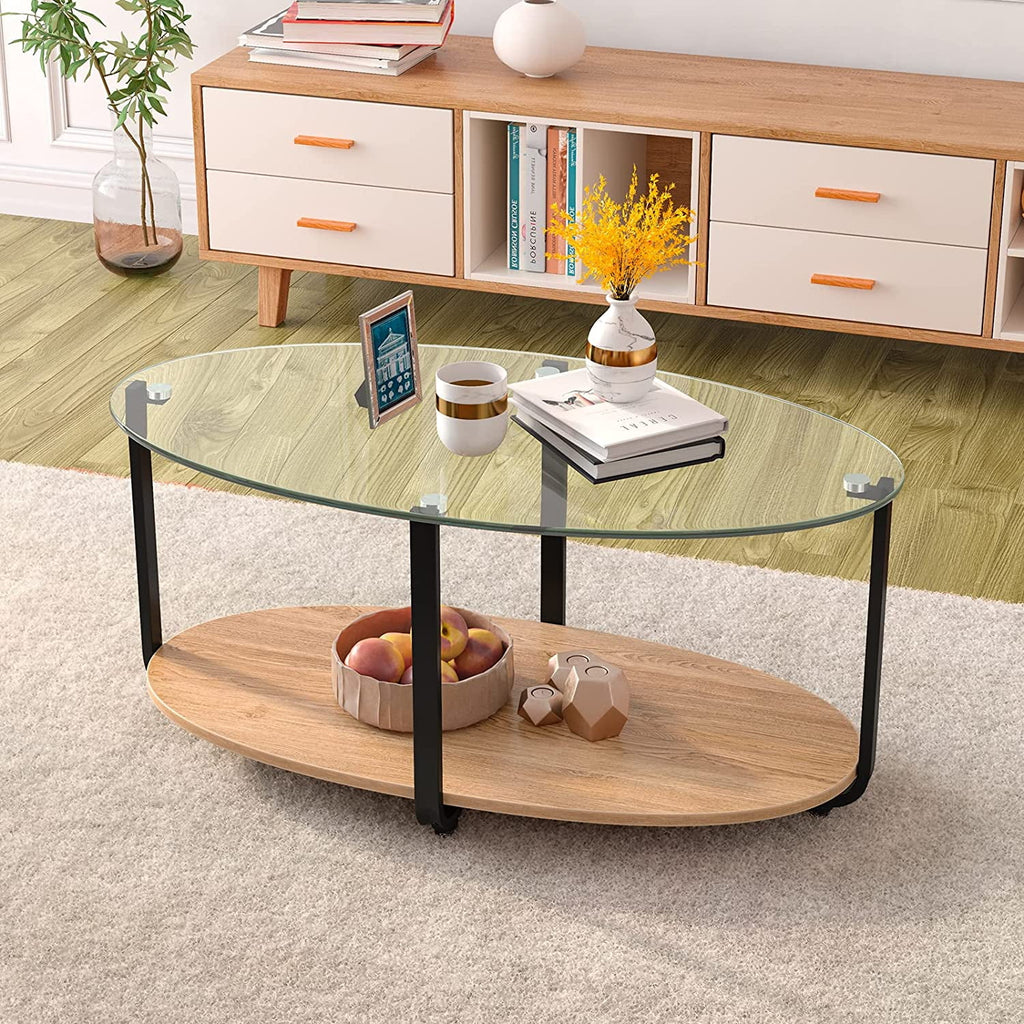 Oval 2 Tier Glass Coffee Table with Wooden Shelf V263