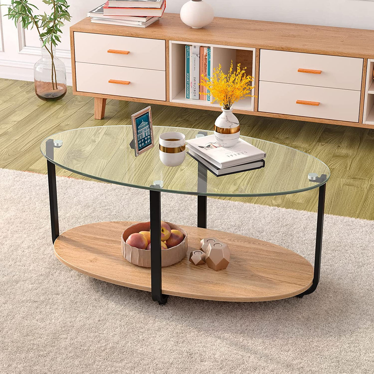Oval 2 Tier Glass Coffee Table with Wooden Shelf V263