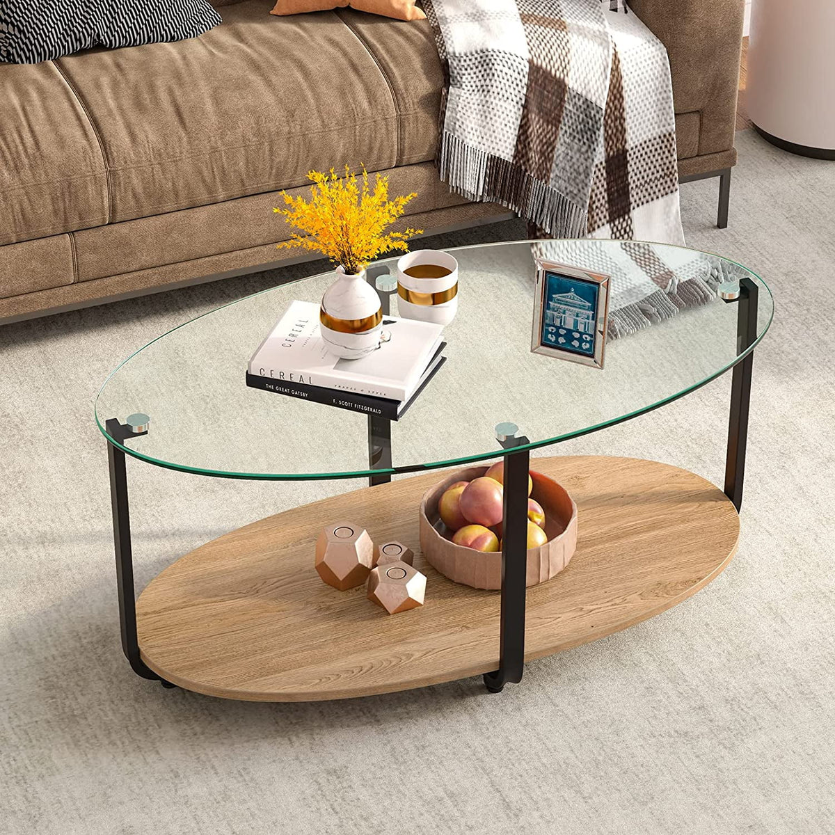Oval 2 Tier Glass Coffee Table with Wooden Shelf V263