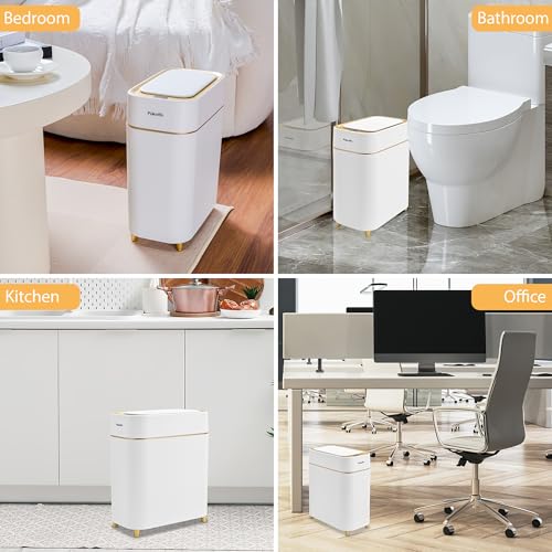 Automatic Small Sensor Trash Can with Touchless Lid, 2.3 Gallon White Gold Waste Bin J559