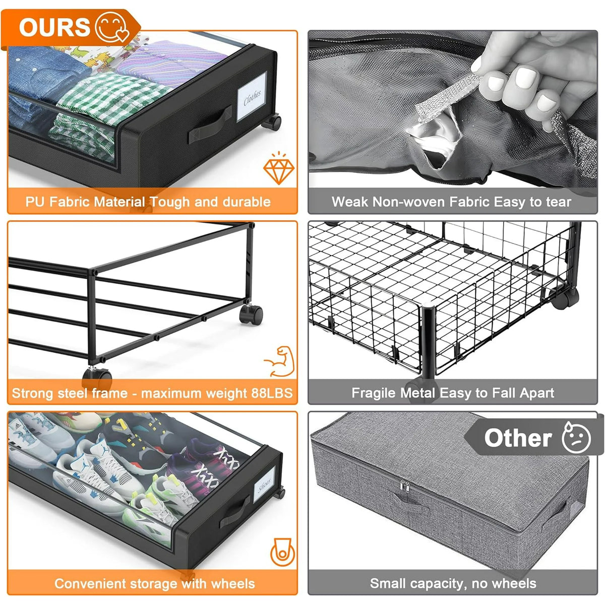 2-Pack Black Under Bed Storage Bins with Wheels and Clear Lids X8466