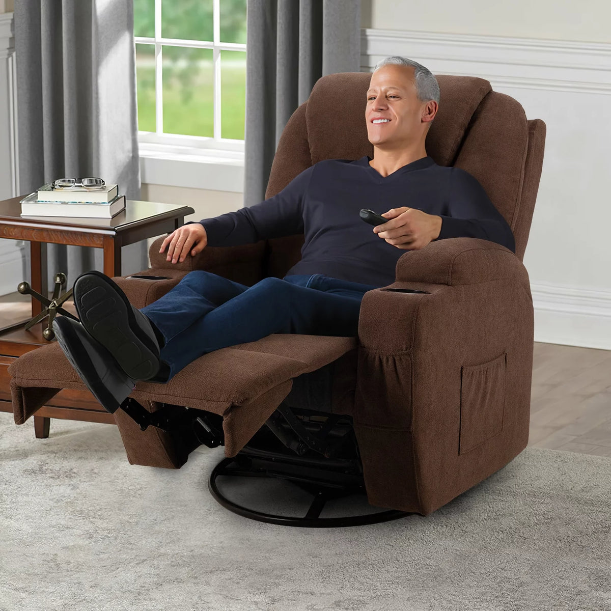 Brown Fabric Swivel Rocker Recliner with Massage and Heat X800