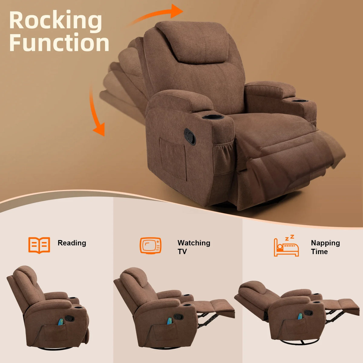 Brown Fabric Swivel Rocker Recliner with Massage and Heat X800