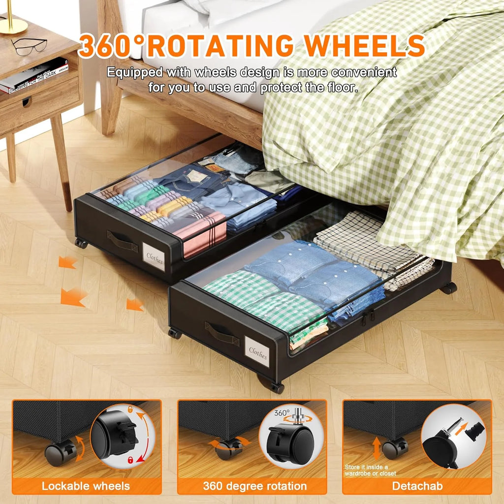 2-Pack Black Under Bed Storage Bins with Wheels and Clear Lids X8466