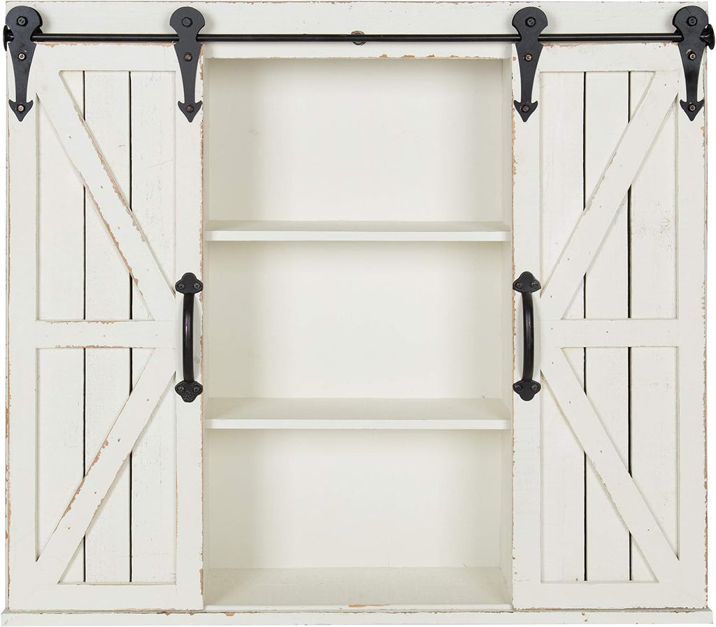 Rustic White Wood Wall Storage Cabinet with Two Sliding Barn Doors G7863