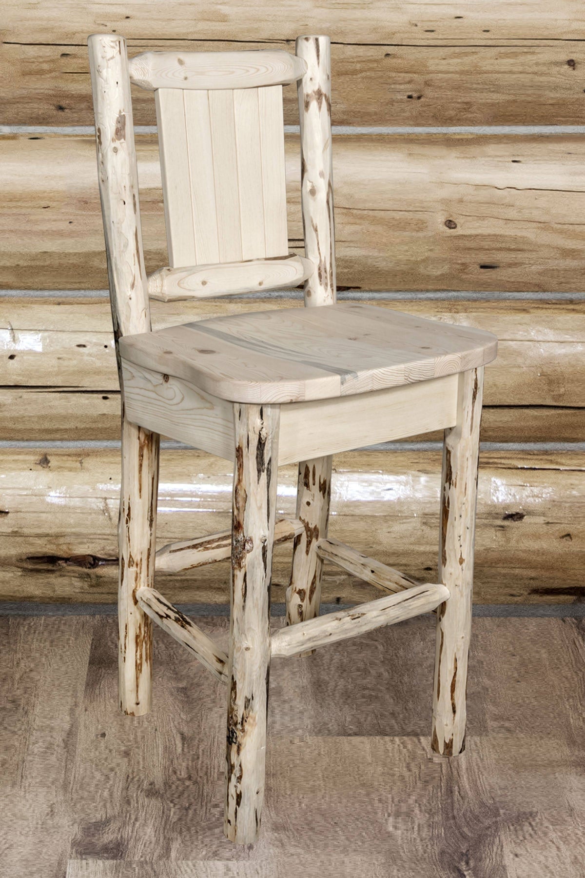Clear Lacquer Counter Height Barstool with Laser Engraved Bear Design C9917