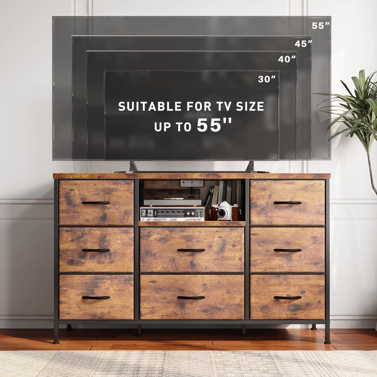 Black 8 Drawer Fabric Dresser TV Stand T11677