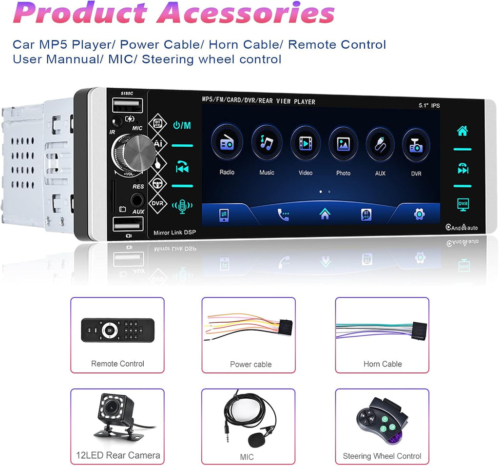 Single Din 5.1 Inch Touchscreen Car Stereo with Carplay Android Auto Bluetooth DVR FM RDS AM Tuner USB SD Aux SWC Microphone Backup Camera U107