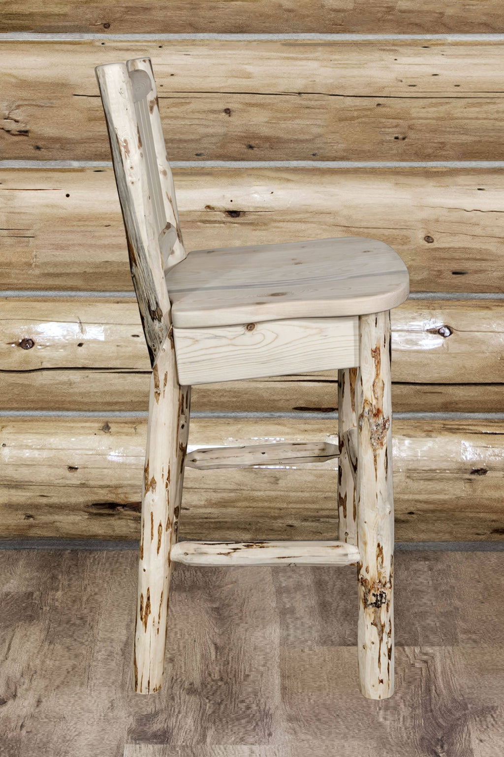 Clear Lacquer Counter Height Barstool with Laser Engraved Bear Design C9917