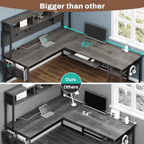 Black L Shaped Gaming Desk with Power Outlet and Pegboard Z545748