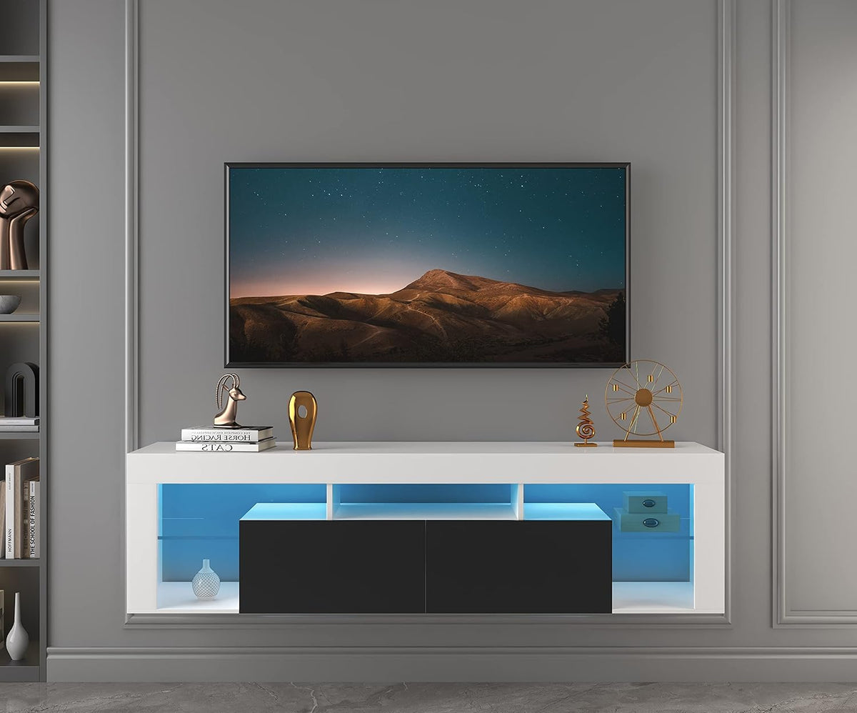 White and Black TV Stand with LED Lights and Storage Cabinet Z661477