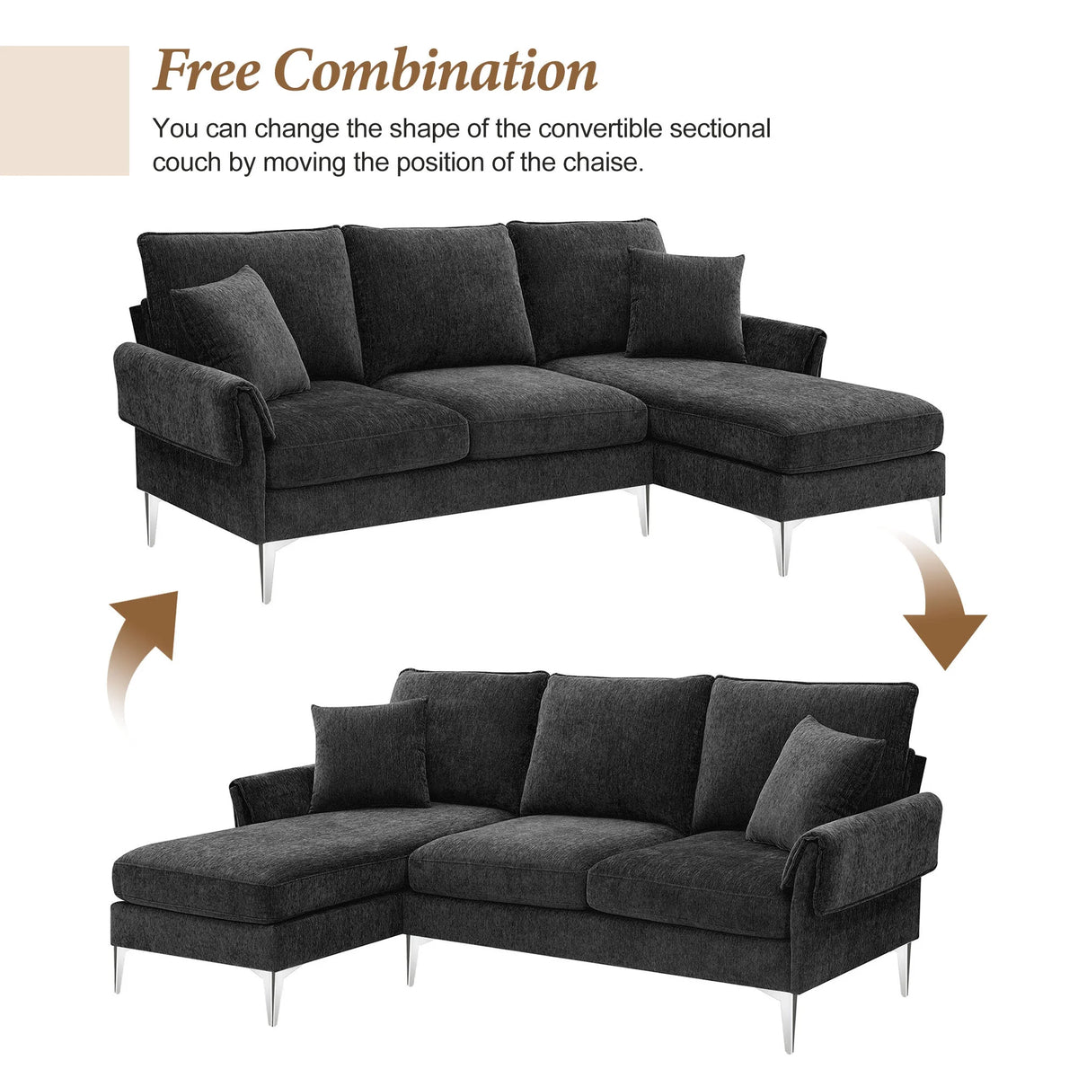 84" L-Shaped Black Sofa with Reversible Chaise K939