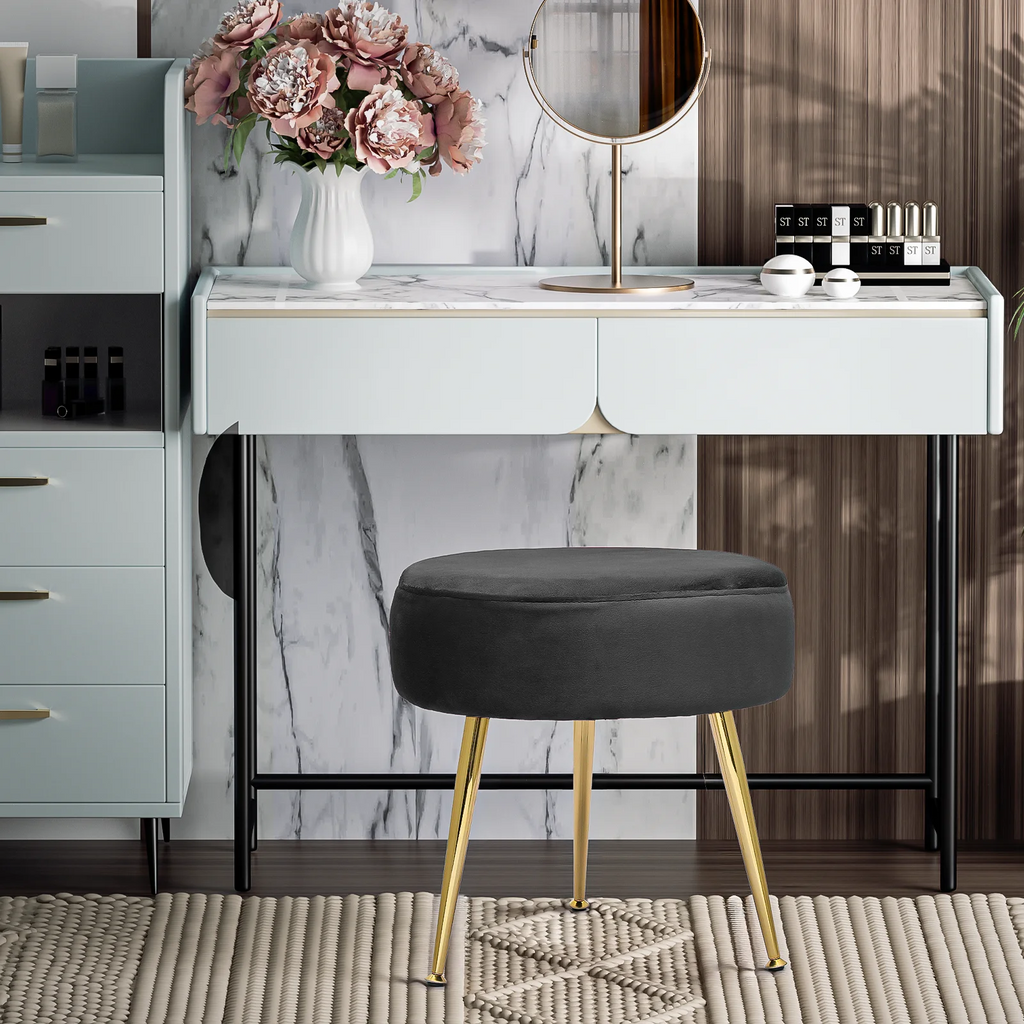 Black Velvet Round Ottoman with Metal Legs L903
