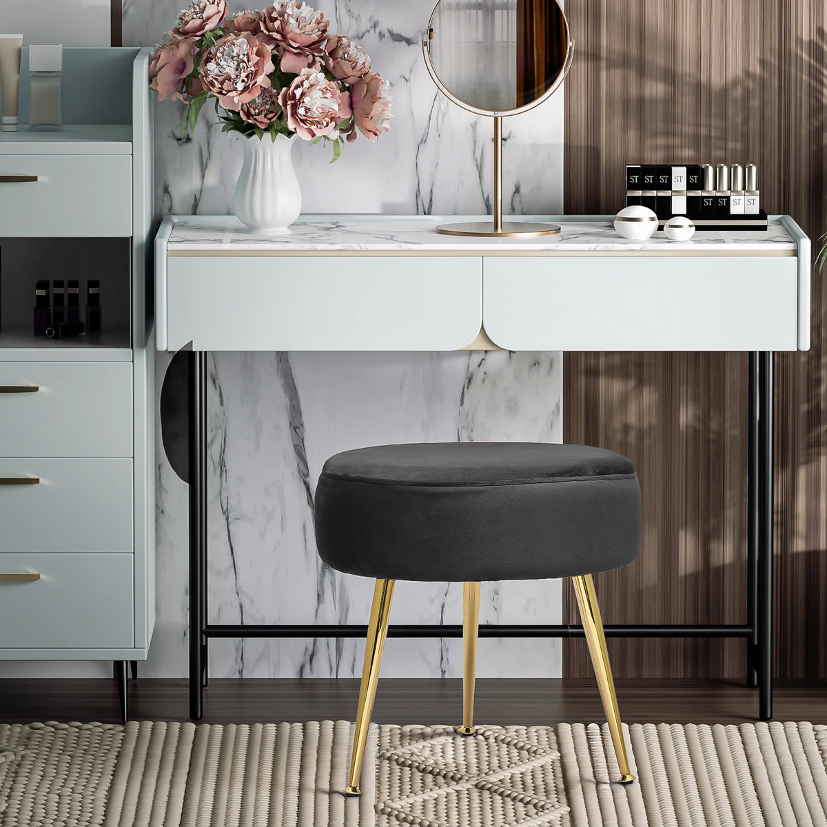 Black Velvet Round Ottoman with Metal Legs L903