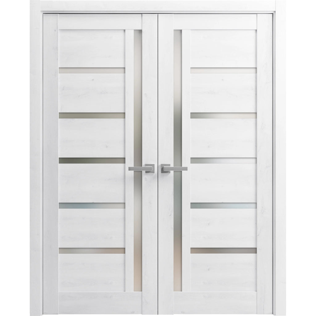 Solid French Double Doors 64 x 96 inches with Frosted Glass Wood Solid Panel Frame Trims Z50899