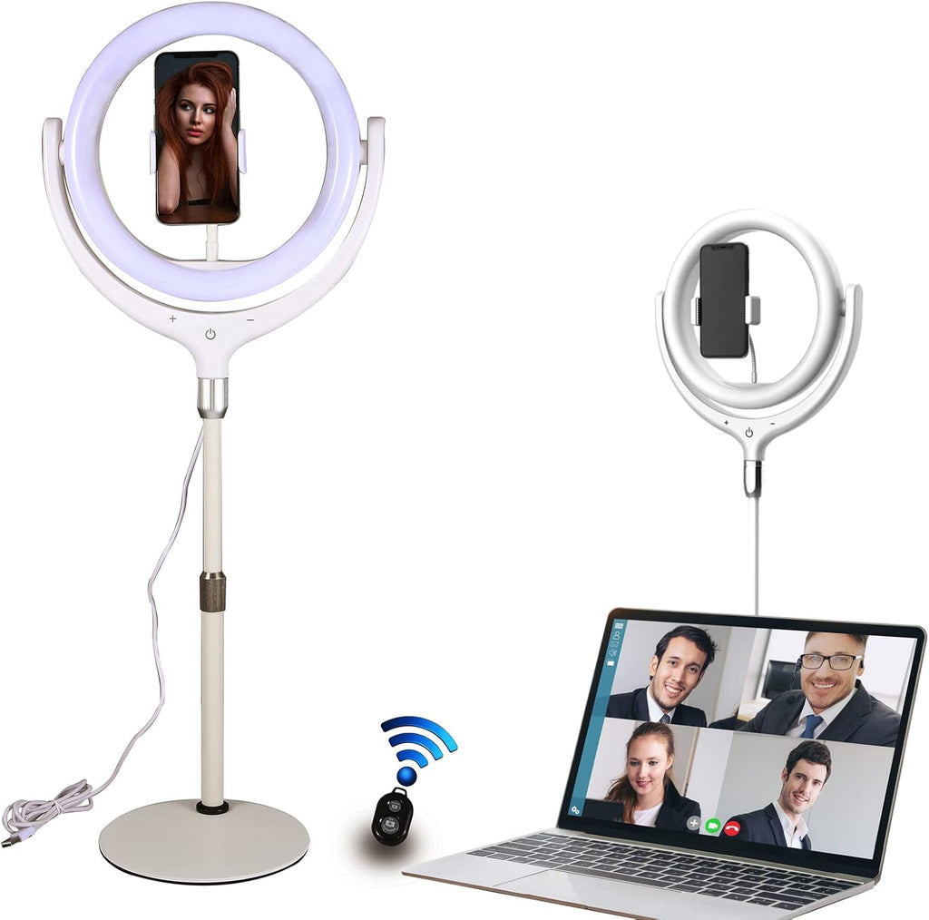 White Adjustable LED Ring Light with Phone Holder V398