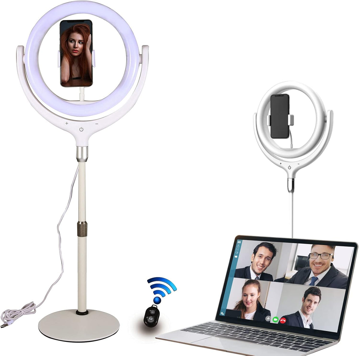 White Adjustable LED Ring Light with Phone Holder V398