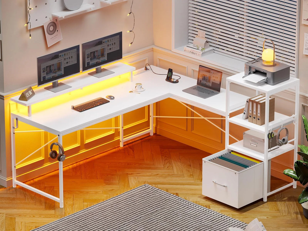 51" White L Shaped Computer Desk with Charging Port K6072