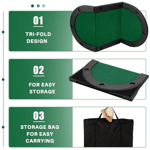 84" Tri Fold Folding Poker Padded Table Top with 10 Cupholders Green C70948