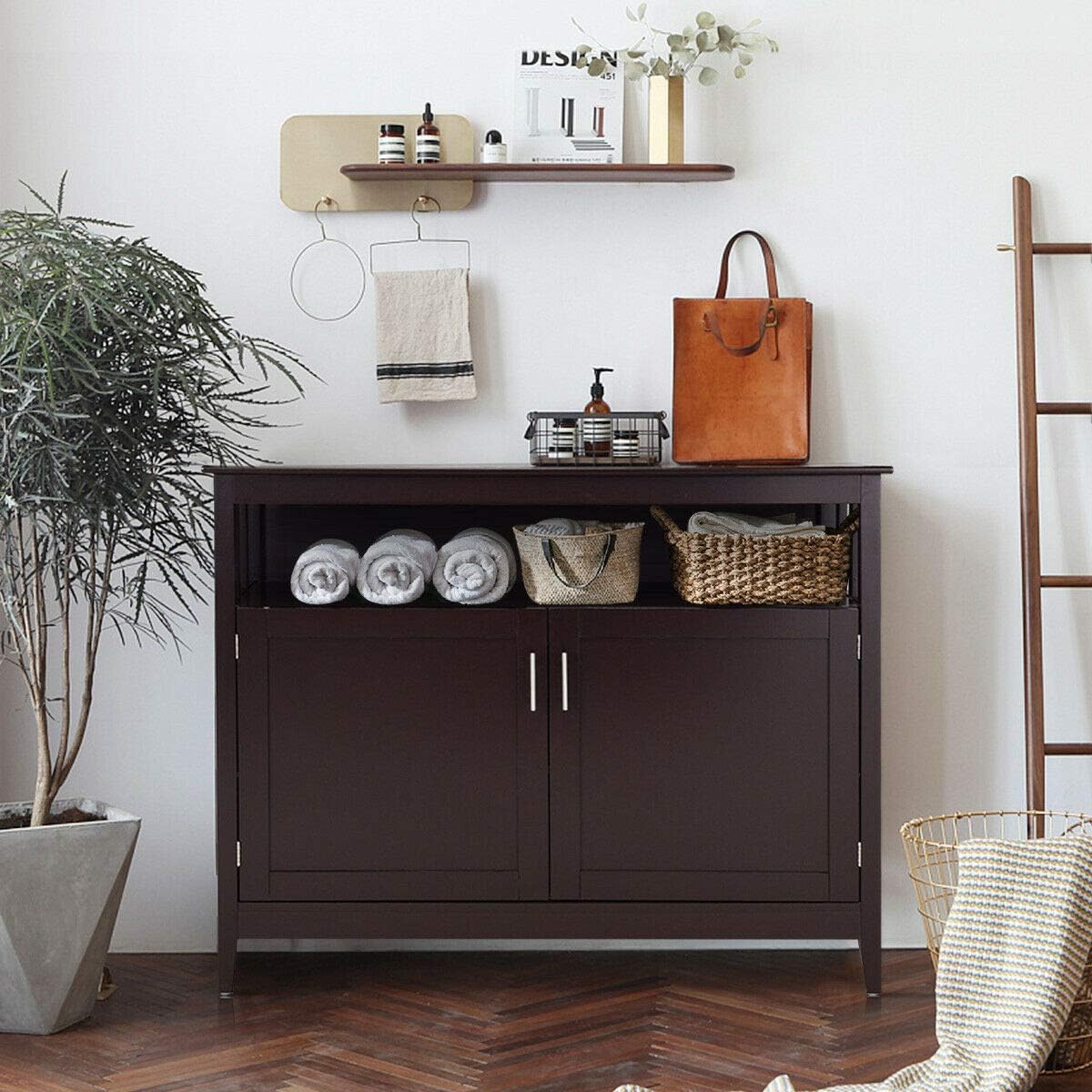 Espresso Wood Kitchen Storage Cabinet Buffet with Adjustable Shelf W491148