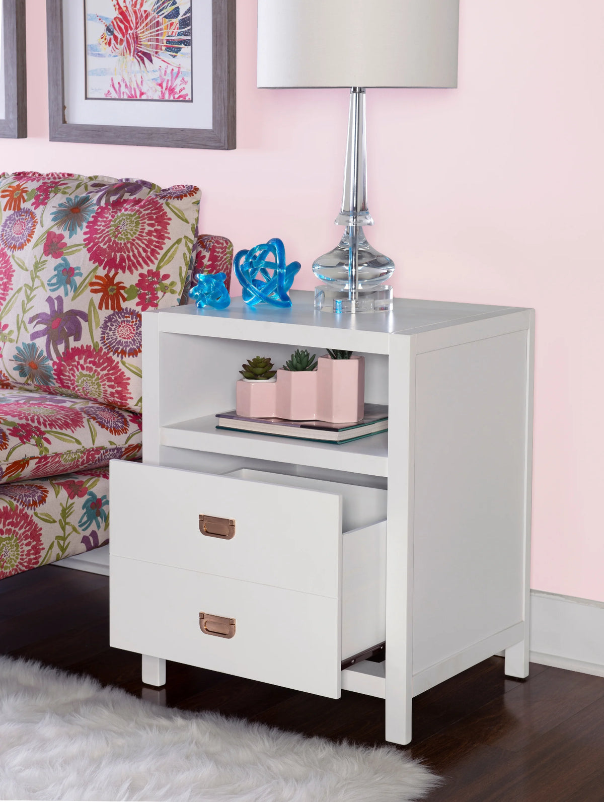 White 2-Drawer Side Table with Shelf U2000