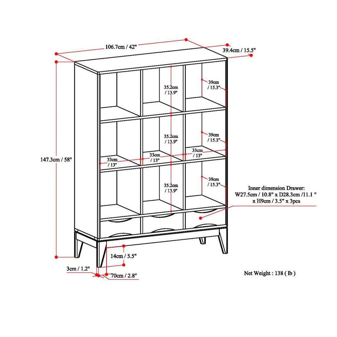Teak Brown Solid Hardwood Cube Storage Bookcase with Drawers J127148