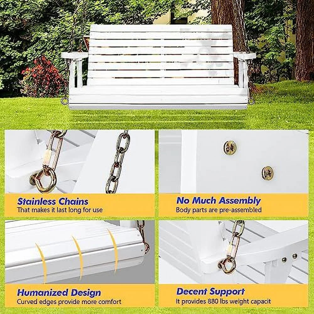 White 5 FT Wooden Porch Swing Bench with Hanging Chains X27462