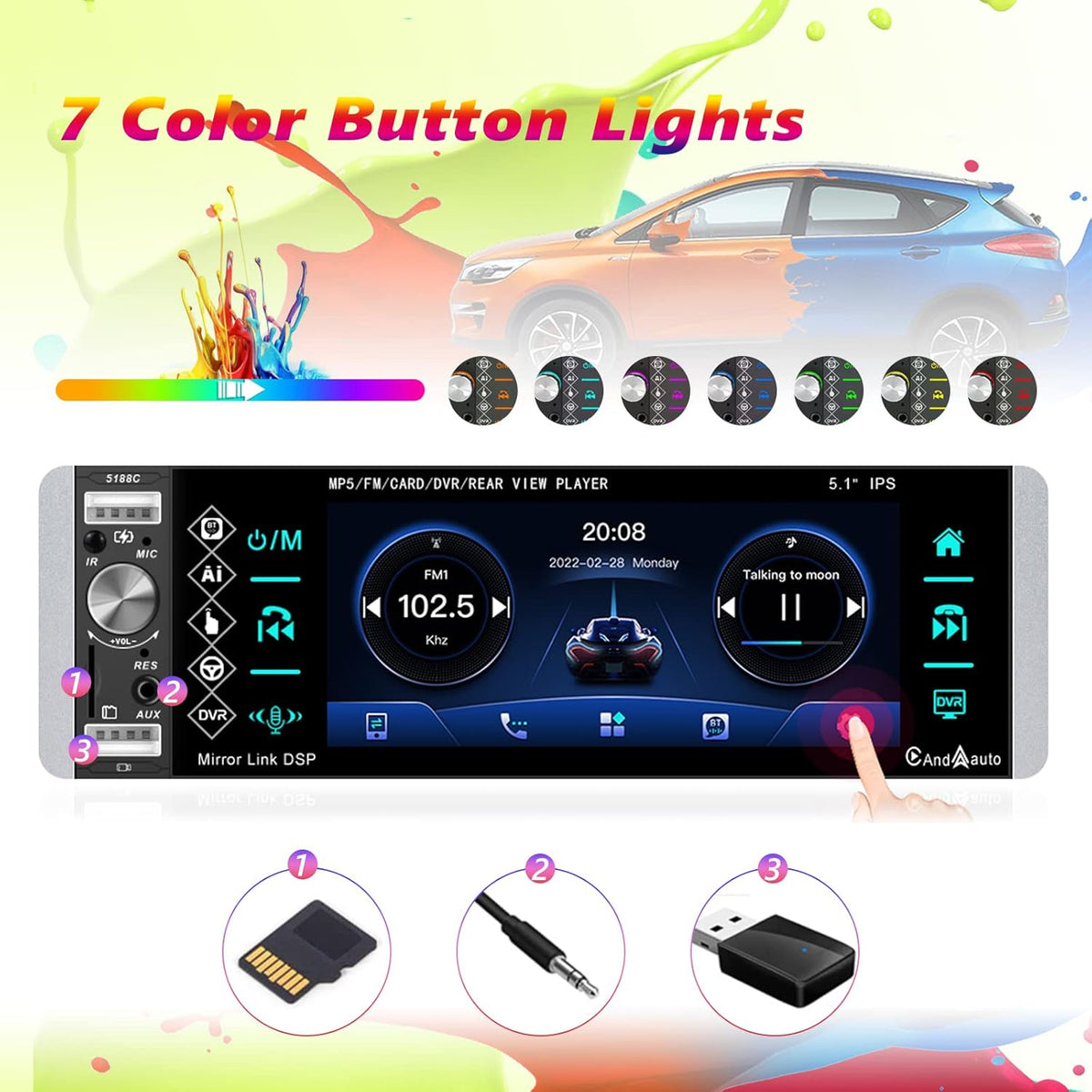 Single Din 5.1 Inch Touchscreen Car Stereo with Carplay Android Auto Bluetooth DVR FM RDS AM Tuner USB SD Aux SWC Microphone Backup Camera U107