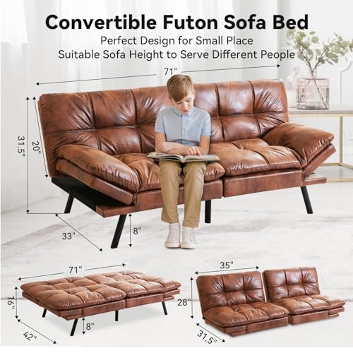 Brown Faux Leather Memory Foam Futon Sofa Bed O62782