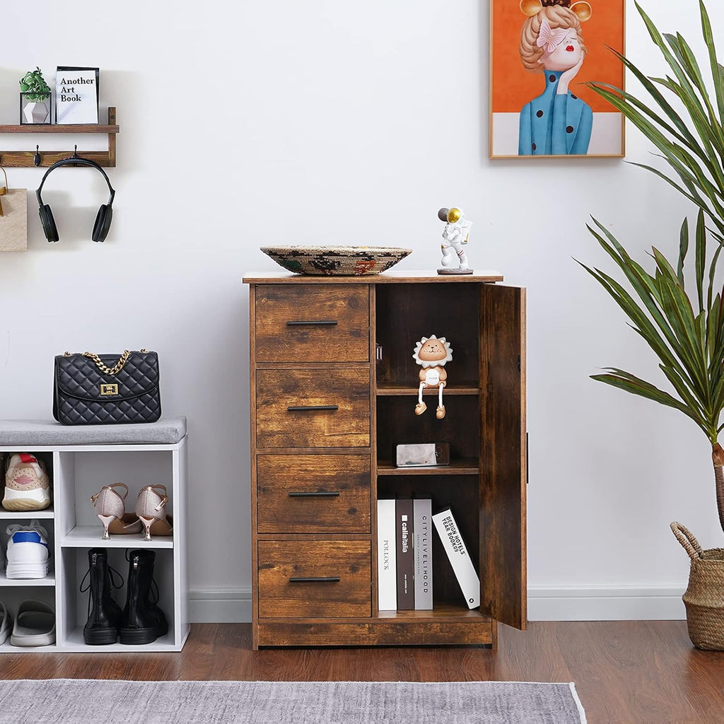 Rustic Brown Bathroom Storage Cabinet with 4 Drawers and Adjustable Shelf T83647