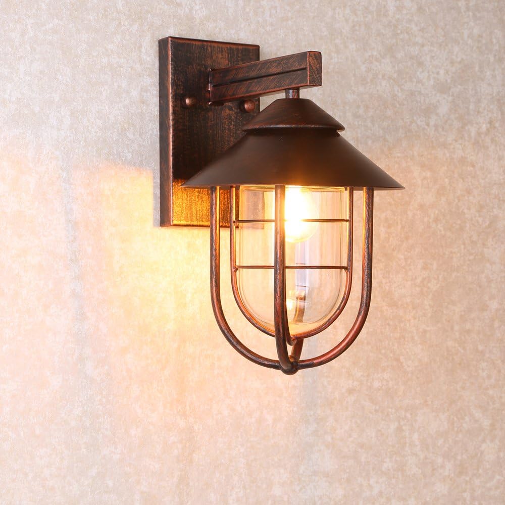1-Light Metal Cage Clear Glass Wall Light in Antique Copper K42186