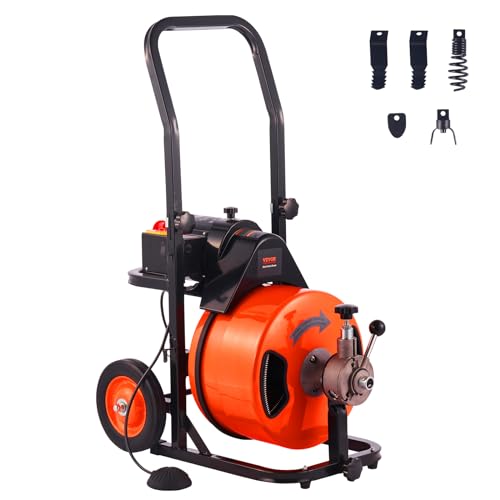 100FT x 3/4 Inch Drain Cleaning Machine Sewer Auger Auto Feed with 4 Cutter & Air-activated Foot Switch S638401