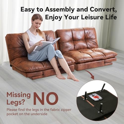 Brown Faux Leather Memory Foam Futon Sofa Bed O62782