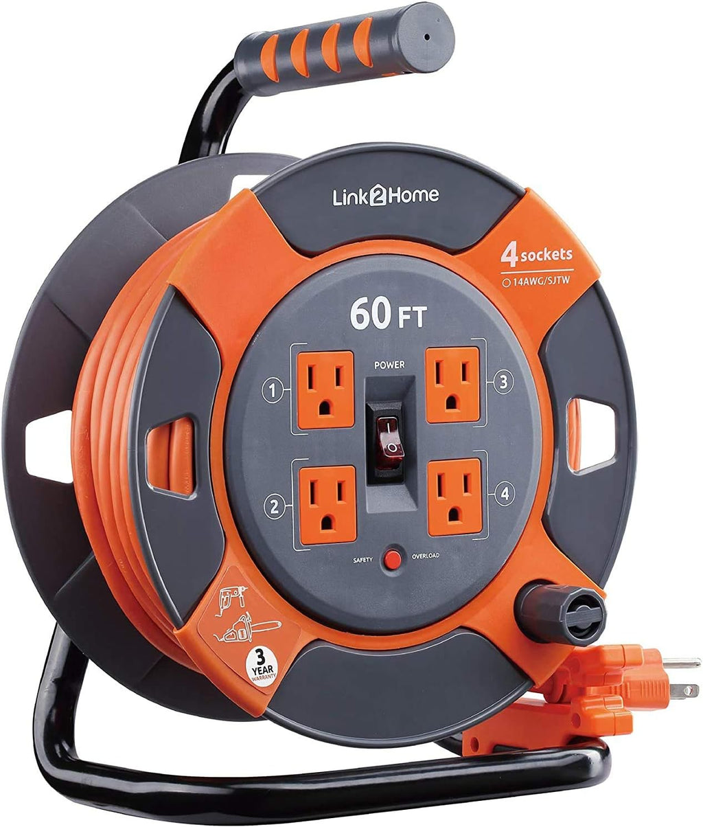 Cord Reel Extension Cord 4 Power Outlets 14 AWG SJTW 80 Feet X3173
