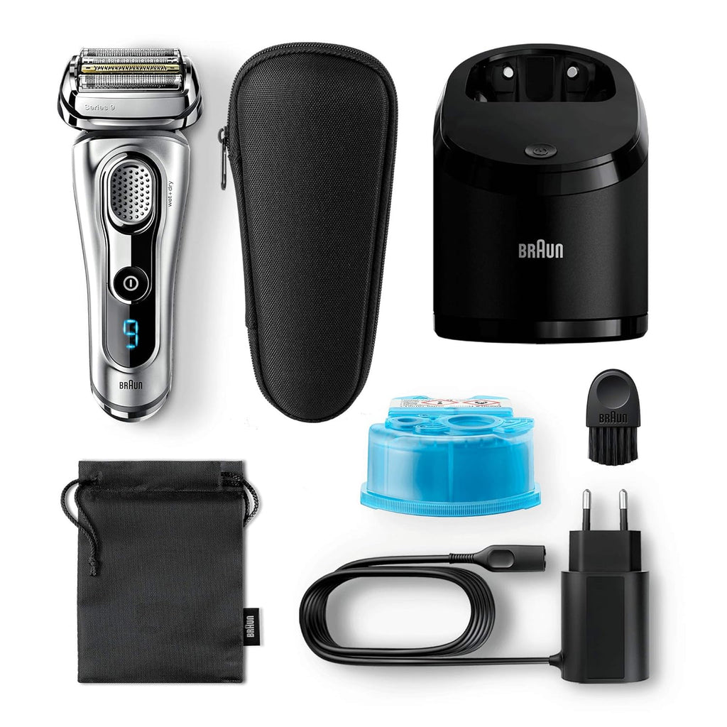 Silver Electric Shaver, Wet and Dry, Rechargeable Cordless Razor with Clean & Charge Station and Travel Case N676