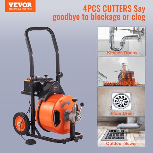 100FT x 3/4 Inch Drain Cleaning Machine Sewer Auger Auto Feed with 4 Cutter & Air-activated Foot Switch S638401