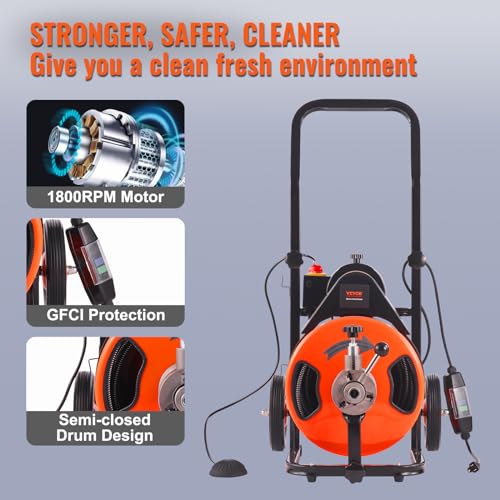 100FT x 3/4 Inch Drain Cleaning Machine Sewer Auger Auto Feed with 4 Cutter & Air-activated Foot Switch S638401