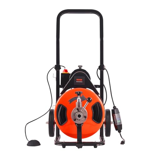 100FT x 3/4 Inch Drain Cleaning Machine Sewer Auger Auto Feed with 4 Cutter & Air-activated Foot Switch S638401