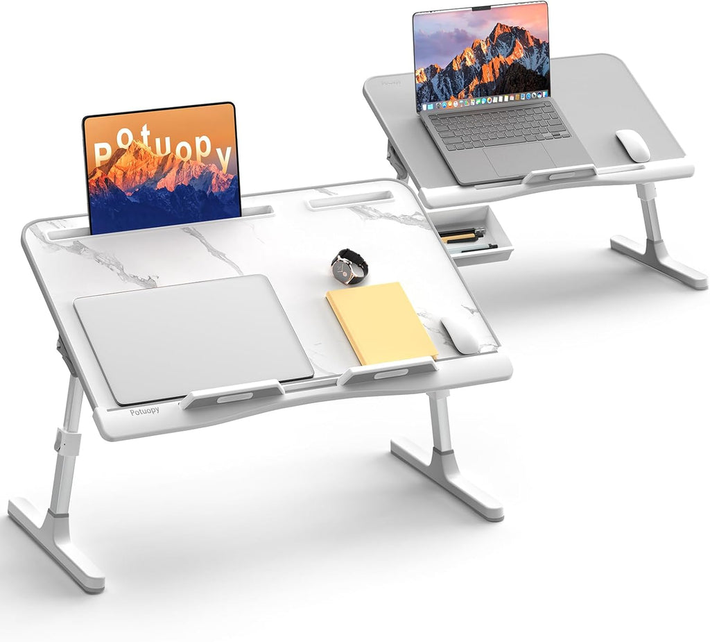 X-Large Marble and Grey Adjustable Folding Lap Desk Tray with Drawer L16922