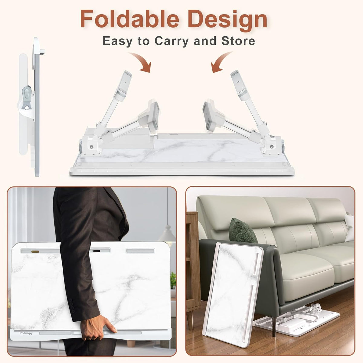 X-Large Marble and Grey Adjustable Folding Lap Desk Tray with Drawer L16922
