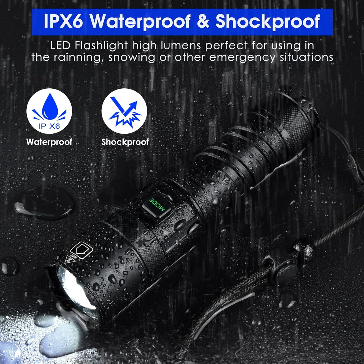 Rechargeable LED Flashlight 100000 High Lumens 5 Modes Zoomable IPX6 Waterproof D908