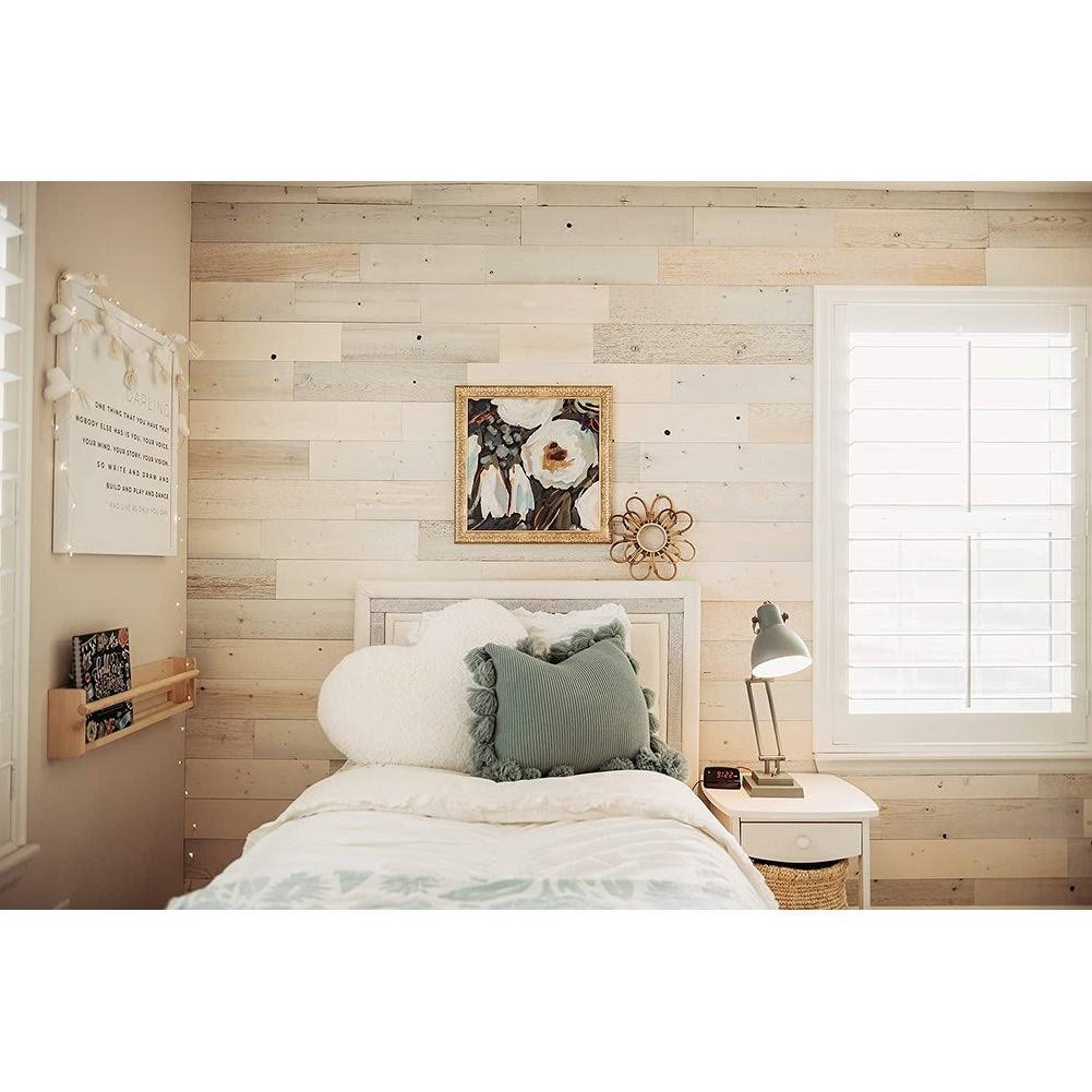 Reclaimed Wooden Wall Planks Peel and Stick 10 Sq. ft Coastal White N236299